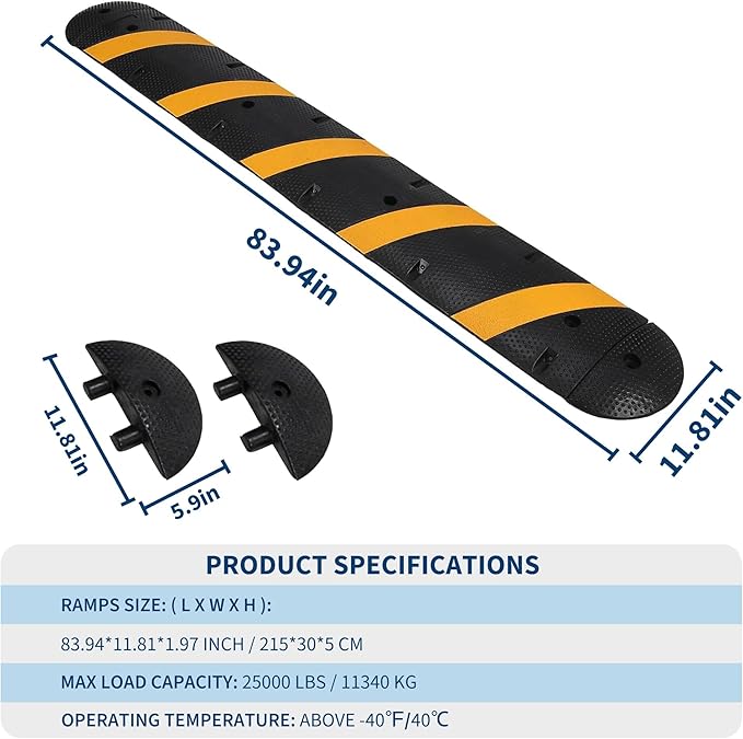 4 Pack 6FT Speed Bumps for Road, Heavy Duty 25,000 Lbs Capacity with 2 Channel Floor Cord Cover, 72" Parking Lot Speed Hump for Garage, Driveway, Warehouse - Includes Installation Parts, Black/Yellow