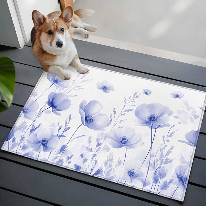 Flower Entryway Rug 2'x3', Blue Small Area Rug Non-Slip Front Door Mat Washable Floor Carpet for Indoor Entrance Kitchen Bathroom