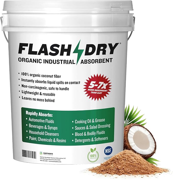 FlashDry Super Spill Absorbent, 5 Gallon Bucket, 100% Organic Coco Coir, Landfill Safe, OSHA Approved, Ideal for Absorbing Oil, Paint, Grease in Garages, Kitchens, Janitor Kits