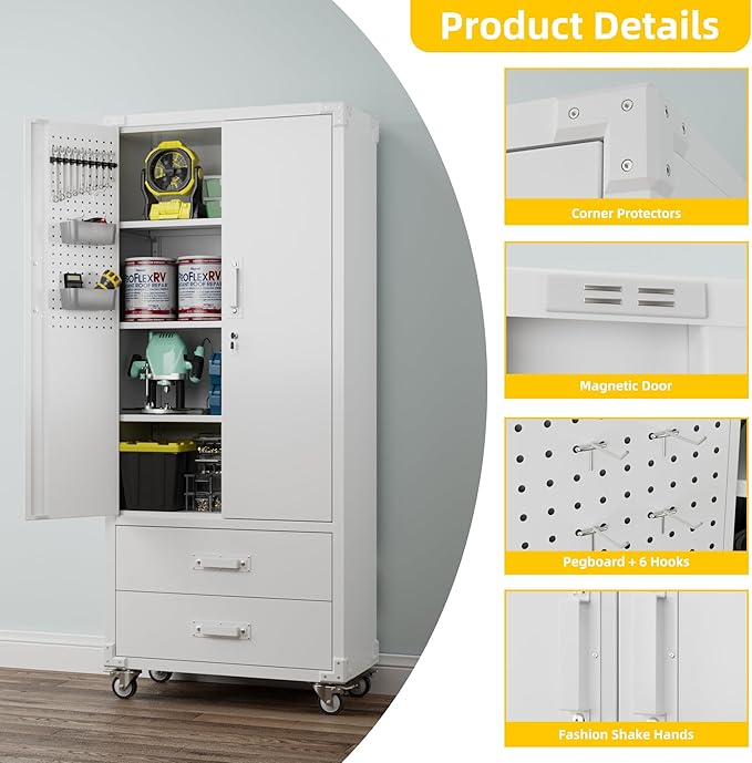 Reemoon Garage Storage Cabinet with 2 Drawers and Pegboard, Metal Storage Cabinet with 2 Lockable Doors for Garage Home Warehouse,Required Assembly,White,71.2" H*15.2" D*30" W