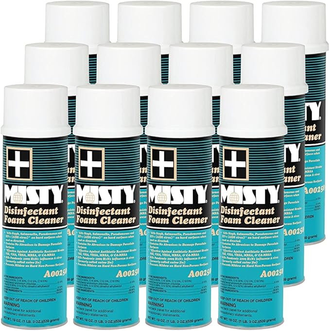 MISTY Disinfectant Foam Spray - 19 oz (Case of 12) - 1001907 - Kills Staph, Salmonella, Pseudomonas and HIV-1 (AIDS virus)* on hard surfaces when used as directed