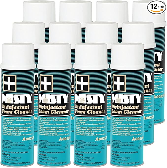MISTY Disinfectant Foam Spray - 19 oz (Case of 12) - 1001907 - Kills Staph, Salmonella, Pseudomonas and HIV-1 (AIDS virus)* on hard surfaces when used as directed