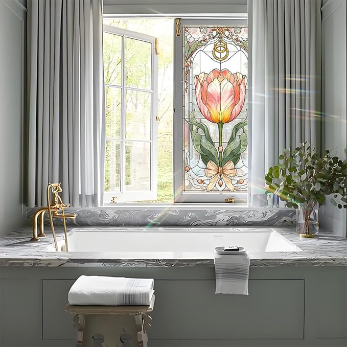 Window Film 17.3 x 39.4 Inch Tulip Stained Glass Inspired Design PVC Decorative Privacy Window Covering for Home Entryway Living Space Artistic Glass Surface Style