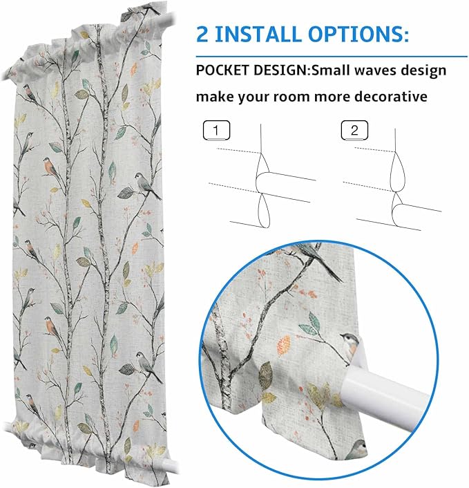 French Door Curtain Panel for Front Door, Retro Leaves Branch Birds Watercolor Painting Slidelight Door Curtains with Tieback Light Filtering Privacy Panels for Doorway Entryway 25"x 40"