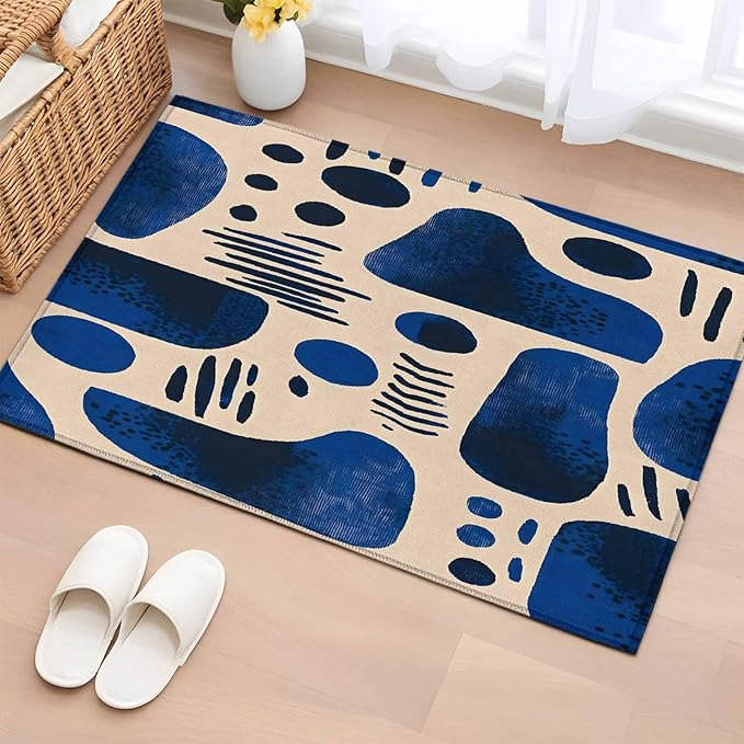 Modernism Entryway Rug 2'x3', Blue Black Geometric Abstract Style Small Area Rug Non-Slip Front Door Mat Washable Floor Carpet for Indoor Entrance Kitchen Bathroom