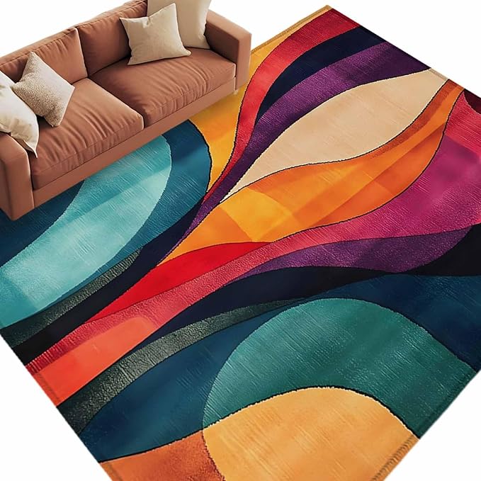 Minimalist Art 5'x7' Area Rugs, Abstract Yellow Blue Color Block Line Washable Area Rugs Non-Slip Indoor Floor Mats Carpet for Living Room Bedroom Dining Room