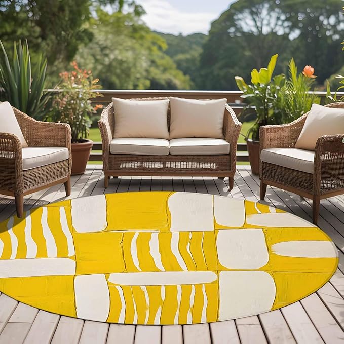Impressionist Style Round Rug 5 Ft, Yellow Abstract Blurred Color Circle Area Rugs Washable Non Slip Indoor Floor Mats Carpet for Living Room Bedroom Dining Room Home Decor