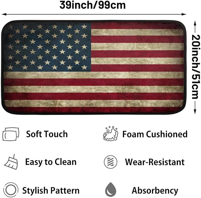 Kitchen Rug Non-Slip Washable Mats Anti Fatigue Soft Absorbent Carpet Welcome Mat for Kitchen,Indoor,Entryway, Sink,Laundry Home Decor American Flag Retro