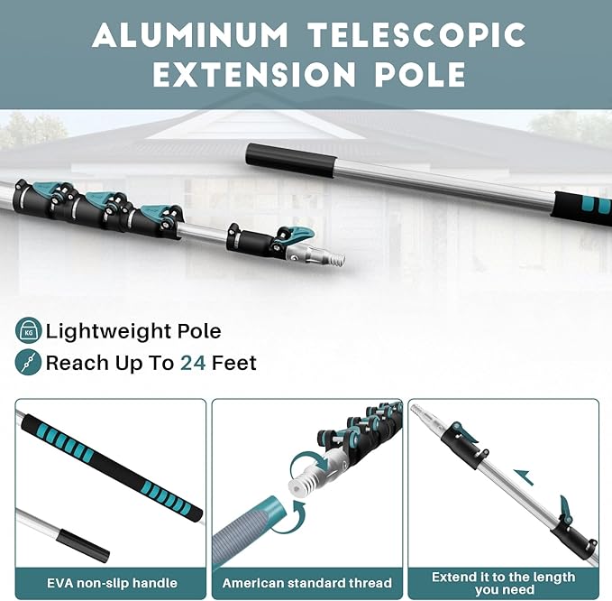 TelesPro 30 Foot High Reach Duster Kit with 6-24FT Extension Pole High Ceiling Dusting and Window Cleaning Kit with Telescopic Pole Window Washer&Squeegee,Cobweb Duster,Fan Duster and Feather Duster
