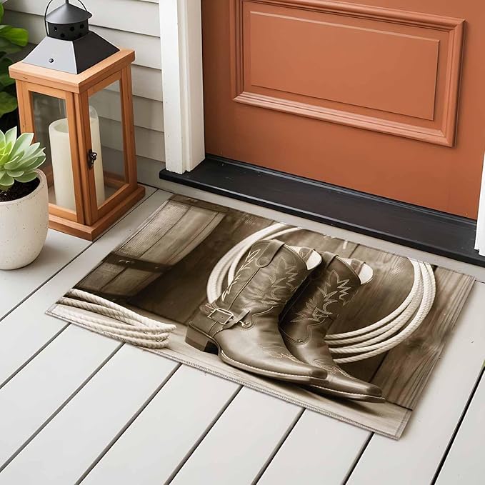 Western Cowboy Entryway Rug 2'x3', Vintage Countryside Cowboy Boots Ropes Small Area Rug Non-Slip Front Door Mat Washable Floor Carpet for Indoor Entrance Kitchen Bathroom