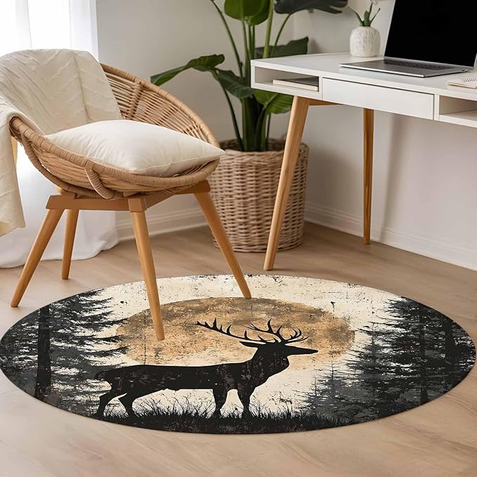 Deer Round Rug 3.3 Ft, Elk Silhouette Samll Area Rugs Washable Non Slip Indoor Floor Mats Circle Carpet for Living Room Bedroom Dining Room Home