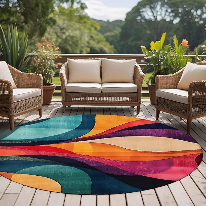 Minimalist Art Round Rug 6 Ft, Abstract Yellow Blue Color Block Line Circle Area Rugs Washable Non Slip Indoor Floor Mats Carpet for Living Room Bedroom Dining Room Home Decor