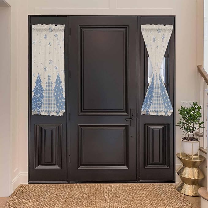 Christmas French Door Curtain Panel for Front Door, Cornflower Blue Various Christmas Tree Snowflake Slidelight Door Curtains with Tieback Light Filtering Privacy Panels for Doorway Entryway 25"x 40"
