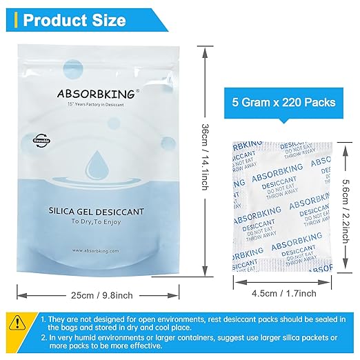 Absorbking Desiccant Packs – 5 Gram 220 Packs Moisture Absorbers, Food Grade Desiccant with Color Indicating, Premium Desiccant Packs for Storage, Great for Spices, Foods, Electronics, Jewelry