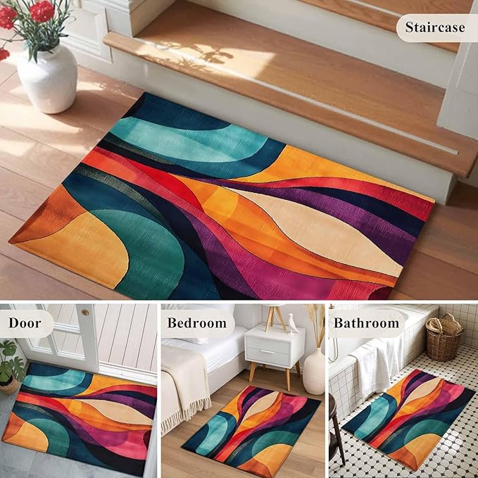 Minimalist Art Entryway Rug 2'x3', Abstract Yellow Blue Color Block Line Small Area Rug Non-Slip Front Door Mat Washable Floor Carpet for Indoor Entrance Kitchen Bathroom