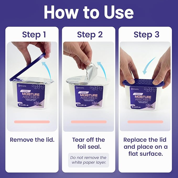 Premium Moisture Absorbers and Dehumidifier Tubs – High-Efficiency Closet Dehumidifier and Dehumidifier for Car, Odor Control Lavender, 6 Pack, 7.5 Oz