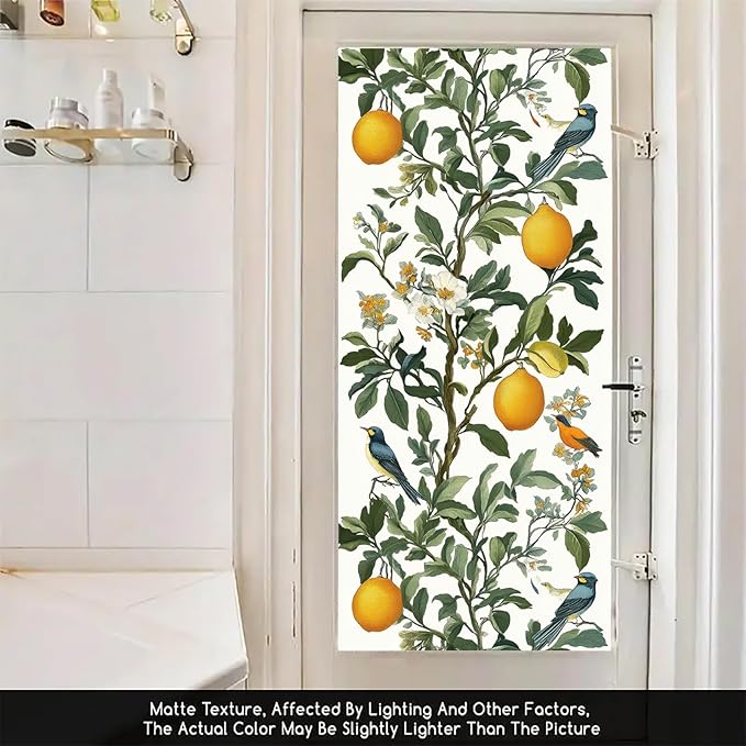 Lemon Bird Botanical Privacy Film Static Cling Decorative Glass Cover No Glue Light Filtering Window Panel for Kitchen Balcony Sunroom Door 17.7x39.3 inch