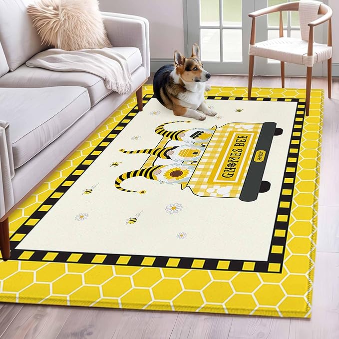 Honey Gnomes 4'x6' Area Rugs, Bees Hive Sunflower Truck Washable Area Rugs Non-Slip Indoor Floor Mats Carpet for Living Room Bedroom Dining Room