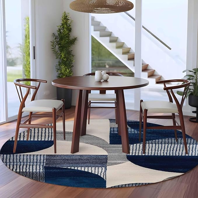 Modernism Large Round Rug 7Ft, Blue White Geometric Abstract Design Circle Area Rugs Washable Non Slip Indoor Floor Mats Carpet for Living Room Bedroom Dining Room Home Decor