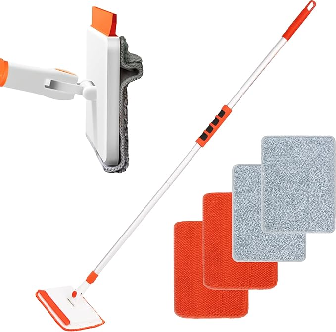 Qaestfy Wall & Baseboard Cleaner Mop Tool with 49'' Long Handle for Cleaning Window Floor Skirting Board Ceiling Bathtub Tub Tile Scrubber Brush Duster with 4 Reusable Pads