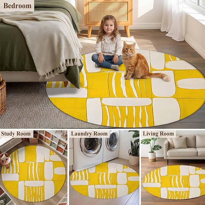 Impressionist Style Round Rug 4 Ft, Yellow Abstract Blurred Color Circle Area Rugs Washable Non Slip Indoor Floor Mats Carpet for Living Room Bedroom Dining Room Home Decor