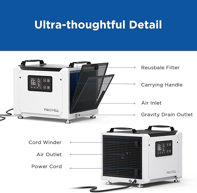 70 Pints Commercial Dehumidifier with Drain Hose, Portable Crawl Space Dehumidifier for Basement and Home, Automatic Defrost, Moiswell Defender ME-7