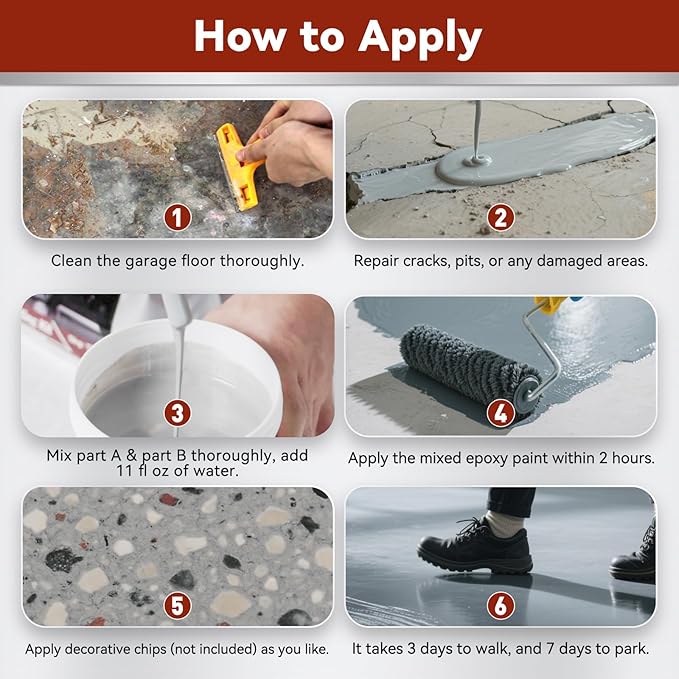 DWIL Garage Floor Epoxy Kit, Garage Floor Paint with Tools, Epoxy Coating for Concrete - High Gloss, Water-based, Low Odor - 1 Car Kit, Light Gray