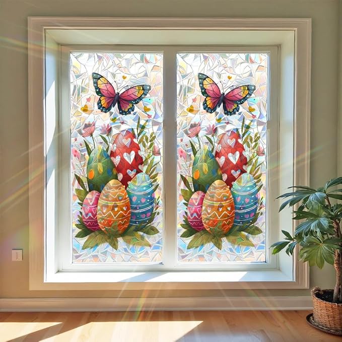 Easter Window Film Colorful Egg and Butterfly Design Decorative PVC Window Film for Home Entryway Kids Room Adds Spring Privacy and Light Softening Holiday Style