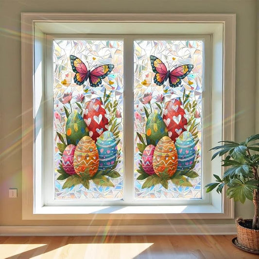 Easter Window Film Colorful Egg and Butterfly Design Decorative PVC Window Film for Home Entryway Kids Room Adds Spring Privacy and Light Softening Holiday Style