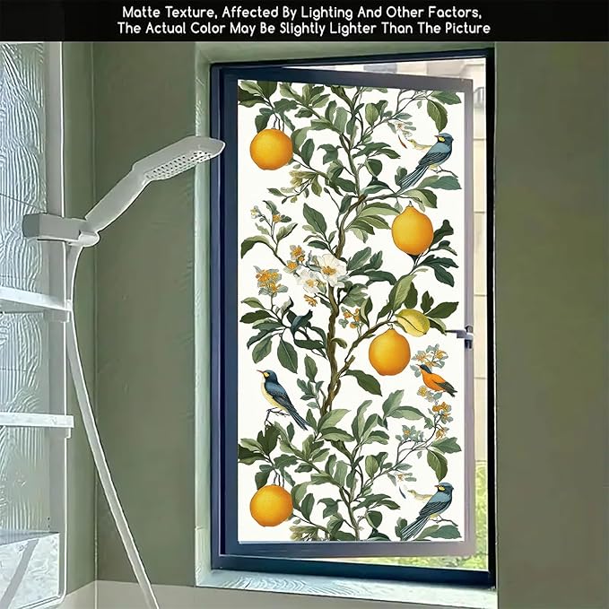 Lemon Bird Botanical Privacy Film Static Cling Decorative Glass Cover No Glue Light Filtering Window Panel for Kitchen Balcony Sunroom Door 17.7x39.3 inch