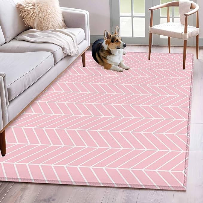 Pink Herringbone Stripes 4'x6' Area Rugs, Modern Abstract Geometric Pink Simple Lines Washable Area Rugs Non-Slip Indoor Floor Mats Carpet for Living Room Bedroom Dining Room