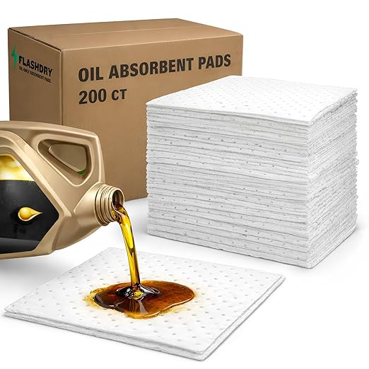 FlashDry Oil Absorbent Pads, Fast-Absorbing Oil-Based Fluid Pads for Garage, Shop, Driveway, Automotive & Marine Use, Tear-Resistant Oil Absorbing Sheets, 17.5" x 13.5", 200-Count Dispenser Box