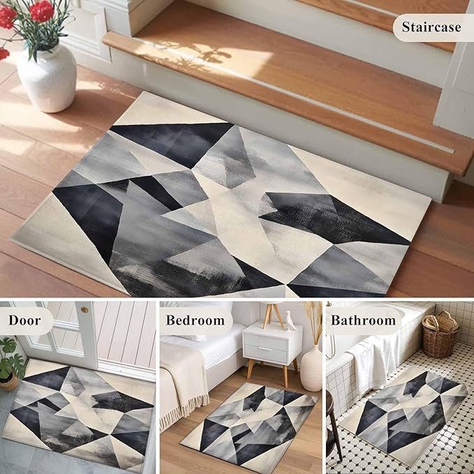 Color Block Entryway Rug 2'x3', Modernism Blue Beige Line Abstract Art Small Area Rug Non-Slip Front Door Mat Washable Floor Carpet for Indoor Entrance Kitchen Bathroom