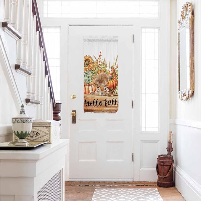 French Door Curtain Panel for Front Door, Fall Harvest Pumpkins Squirrel Wood Board Slidelight Door Curtains with Tieback Light Filtering Privacy Panels for Doorway Entryway 25"x 40"