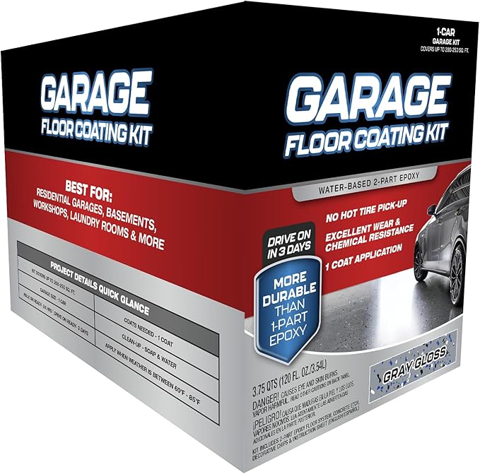Garage Floor Kit – 2-Part Epoxy Coating for Concrete Floors, High-Gloss Finish, Chemical & Stain Resistant, Indoor Use, 1-Car Garage Coverage (Gray)