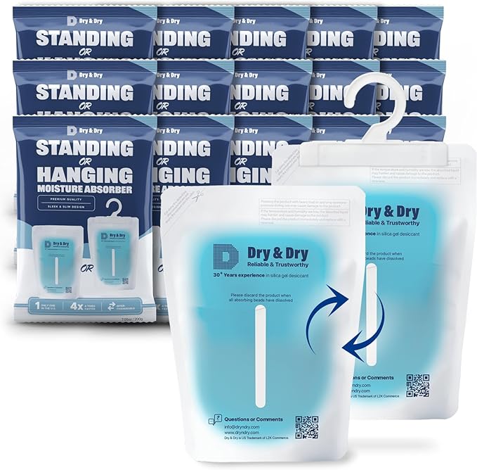Dry & Dry 15 Packs Hybrid Moisture Absorbers to Control Excess Moisture for Basements, Closets, Bathrooms, Laundry Rooms - Moisture Absorbers, Standing or Hanging Moisture Absorbers