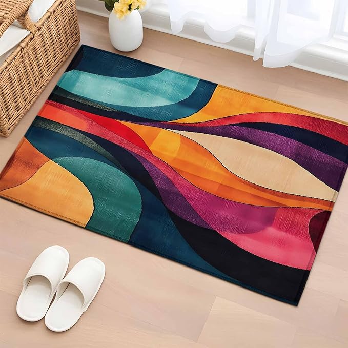 Minimalist Art Entryway Rug 2'x3', Abstract Yellow Blue Color Block Line Small Area Rug Non-Slip Front Door Mat Washable Floor Carpet for Indoor Entrance Kitchen Bathroom