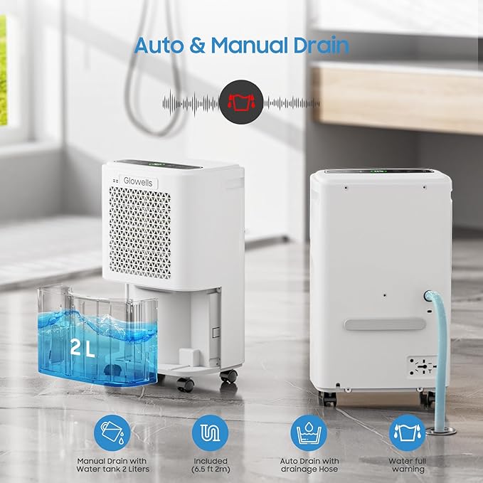 Glowells 2500 Sq.Ft 34 Pints Dehumidifiers for Basement with Drain Hose, Home Dehumidifier with Smart Humidity Control,0.52 Gal Tank, Quiet Dehumidifier, 3 Modes for RV, Bathroom, Bedroom Whole House