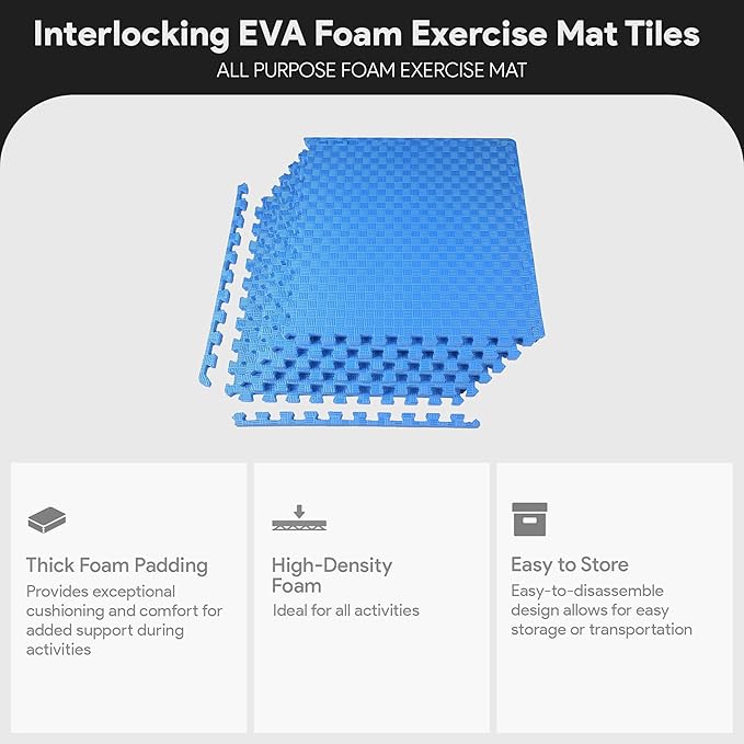 BalanceFrom Puzzle Exercise Mat 1' Thick, EVA Interlocking Foam Floor Tiles for Home Gym, Mat for Home Workout Equipment, Floor Padding for Kids, Blue, 24 in x 24 in x 1 in, 24 Sq Ft - 6 Tiles