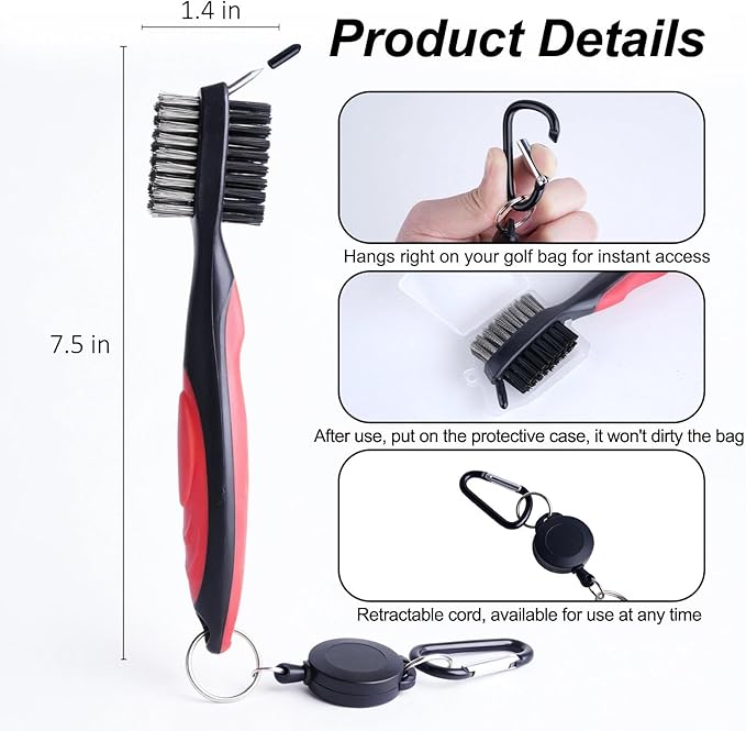 Durable Golf Club Groove Cleaner Brush and Shoes Brush With Handle - Dirt Mud Remover Tool for Golf Clubs and Shoes - Retractable Zip-line Aluminum Carabiner