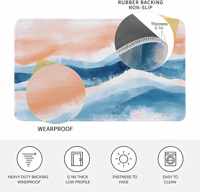 Abstract Waves Doormat Gradient Orange Blue Spray Non Slip Low Profile Rubber Door Mat Washable Absorbent Indoor Front Door Mat Entryway Rug Entrance Carpet 20x31.5 Inch