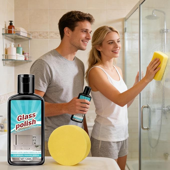 Bathroom Glass Polishing Paste, Deep Cleaning Stain Remover, 120ml, Shower Glass Cleaner, Polishing Compound, Limescale Scum Removal, For Window Mirror Faucet Ceramic Stainless Steel Patio Household