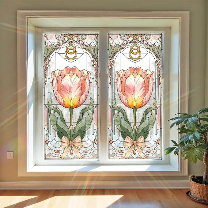 Window Film 17.3 x 39.4 Inch Tulip Stained Glass Inspired Design PVC Decorative Privacy Window Covering for Home Entryway Living Space Artistic Glass Surface Style