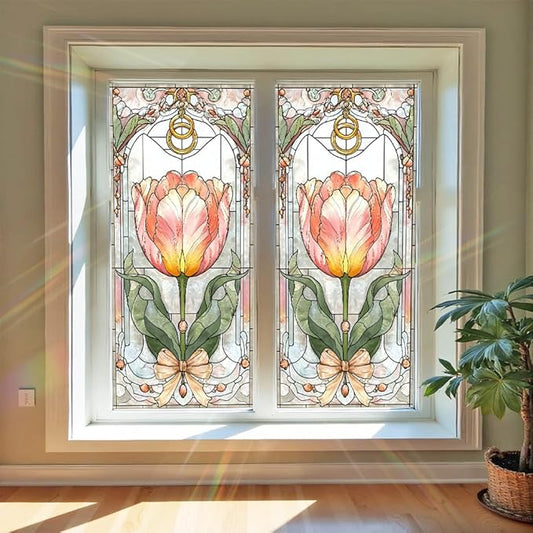 Window Film 17.3 x 39.4 Inch Tulip Stained Glass Inspired Design PVC Decorative Privacy Window Covering for Home Entryway Living Space Artistic Glass Surface Style