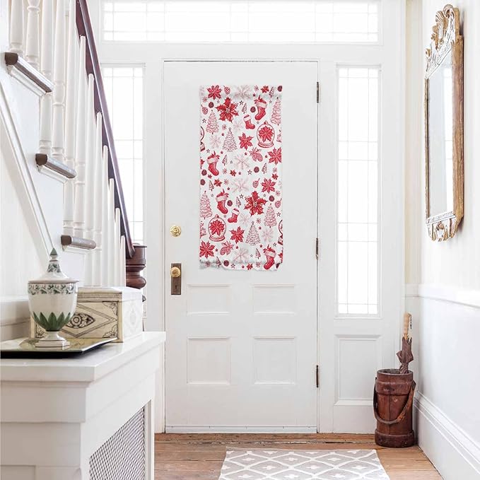 Christmas French Door Curtain Panel for Front Door, Red Christmas Tree Plant Sock Snowflake Pine Cone Slidelight Door Curtains with Tieback Light Filtering Privacy Panels for Entryway 25"x 40"