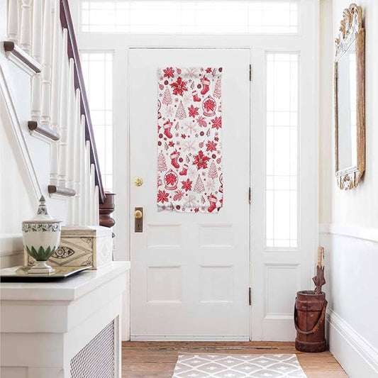 Christmas French Door Curtain Panel for Front Door, Red Christmas Tree Plant Sock Snowflake Pine Cone Slidelight Door Curtains with Tieback Light Filtering Privacy Panels for Entryway 25"x 40"
