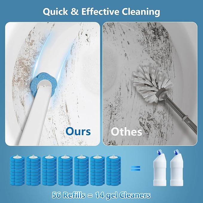 Disposable Toilet Brush with No-Touch System, Toilet Cleaning Wand Kit Includes 56 Refill Heads & Wall Mount Holder, Built-in Detergent, Hygienic Bathroom Cleaning Tool for Toilet Sink Shower