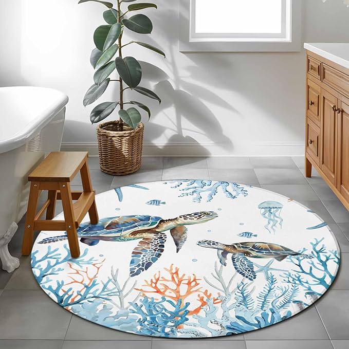 Sea Turtle Small Round Rug 3 Ft, Seagrass Coral Starfish Area Rugs Washable Non Slip Indoor Floor Mats Circle Carpet for Living Room Bedroom Dining Room Home Decor