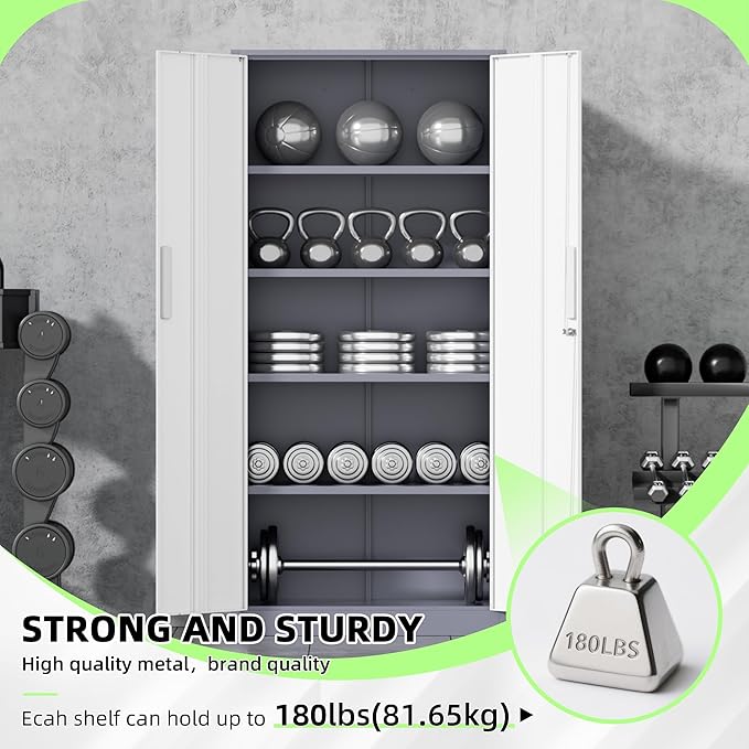 Bonusall 72" Metal Garage Storage Cabinet， Heavy-Duty Steel Cabinet with 2 Locking Doors & 4 Adjustable Shelves for Home, Office, or Workshop Organization(White Grey)
