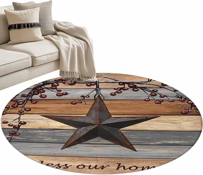 Country Stars Round Rug 3.3 Ft, Vintage Rust Black Star Berry Brown Light Blue Wood Grain Samll Area Rugs Washable Non Slip Indoor Floor Mats Circle Carpet for Living Room Bedroom Dining Room Home